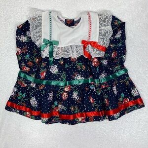 Vintage Cutest One navy floral square lace collar red green ribbon dress 24m